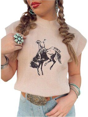 Women's Beige Ribbed Knit Cap Sleeve Western Cowboy Embroidered Sweater Tank Top